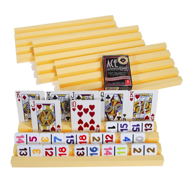 Plastic Trays / Racks for Dominoes OR Playing Card _ Dual Use _ Set of 4 _ Bonus 1 Deck of Ace 100% Plastic Playing Cards (Random backing color of Red or Blue)