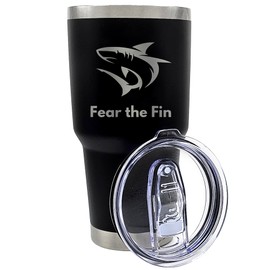 Premium 30 oz Fear the Fin Black Tumbler with Slider Lid - Engraved Shark Design - Ideal Gifts for Adults, Shark Merchandise, Travel Tumbler