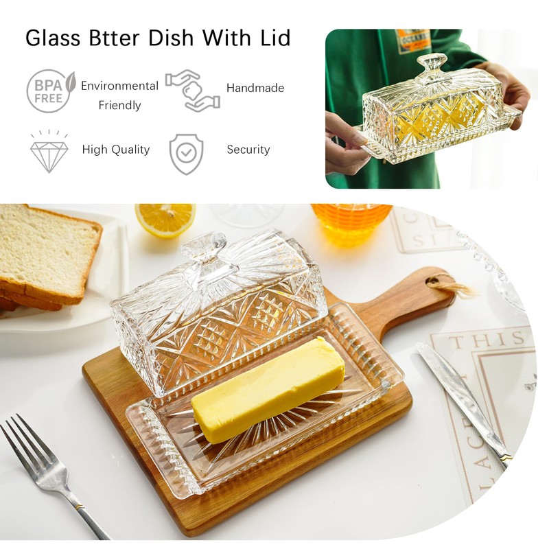 Crystal Covered Butter Dish,8inch Classic Glass 2-Piece Design Butter Keeper