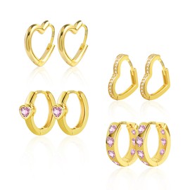 ALEXCRAFT 925 Silver Hoop Earrings Heart, 4 Pairs Multipack Silver 925 Hoop Earrings Small Earrings Set, 14 Carat Real Gold-Plated Cartilage Earring Heart Shape Huggie Hoop Earrings Set Small Women