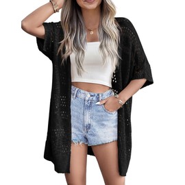 Zeagoo Summer Crochet Short Sleeve Cardigan for Women Black Open Front Casual Lightweight Kimono Cover Ups