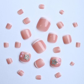 Silver Star Fake Toenails Floral French Tip for Women Nails Glossy Short Square Toes False Nails Press on Nails Pink Glitter Full Cover Glue on Acrylic Fake Nails Stick on Nails