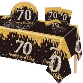 POPOYU 37Pcs Black and Gold 70th Birthday Tableware Set,Black Gold Table Cloth,70th Birthday Plates and Napkins Sets,70thBirthday Decorations for Men,Women,Him,Her BirthdayGifts Party Supplies