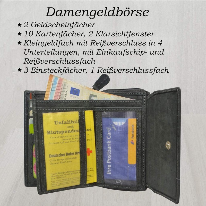Women's Purse, Wild Leather, in 9 Colours Rfid Black Damen