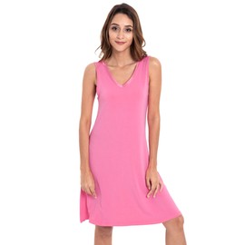 GYS Women's Bamboo Sleepwear Solid Color Sleeveless V Neck Nightgown Soft Sleeping Dress (M, Raspberry Pink)