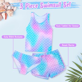 Sylfairy Girls 3 Piece Bathing Suit Summer UPF 50+ Racerback Swimsuit with Shorts Beach Tankini Sets 8-15 Years (US, Age, 8 Years, 9 Years, Blue Mermiad)