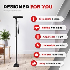 BigAlex Folding Walking Cane with LED Light, Lightweight Adjustable Canes for Women & Men, Free Standing Canes, Pivot Tip, Adjustable Travel Walking Aids with Carry Bag for Seniors Balance & Stability