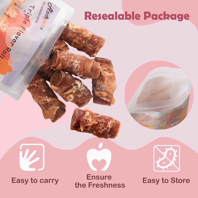ASMPET Rawhide Free Dog Treats, Triple Flavor Chicken Wrapped Duck