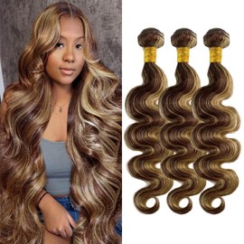 Dokksiiia Two Tone Blonde Bundles P427 Highlight Ombre Body Wave Human Hair Bundles Chocolate Brown and Honey Blonde Blend Double Weft Brazilian Human Hair Extensions for Black Women 12 14 16 Inch