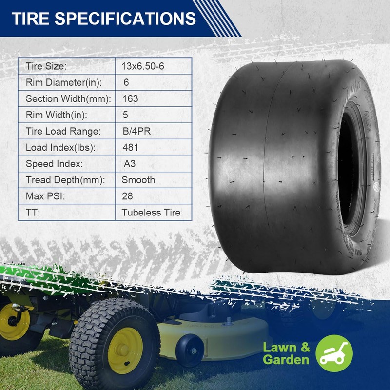 MaxAuto 13x6.50-6nhs Tires,13x6.50x6 Lawn Mower Tires,13-6.50-6 Smooth Turf Tires,13x6.5-6 Tractor