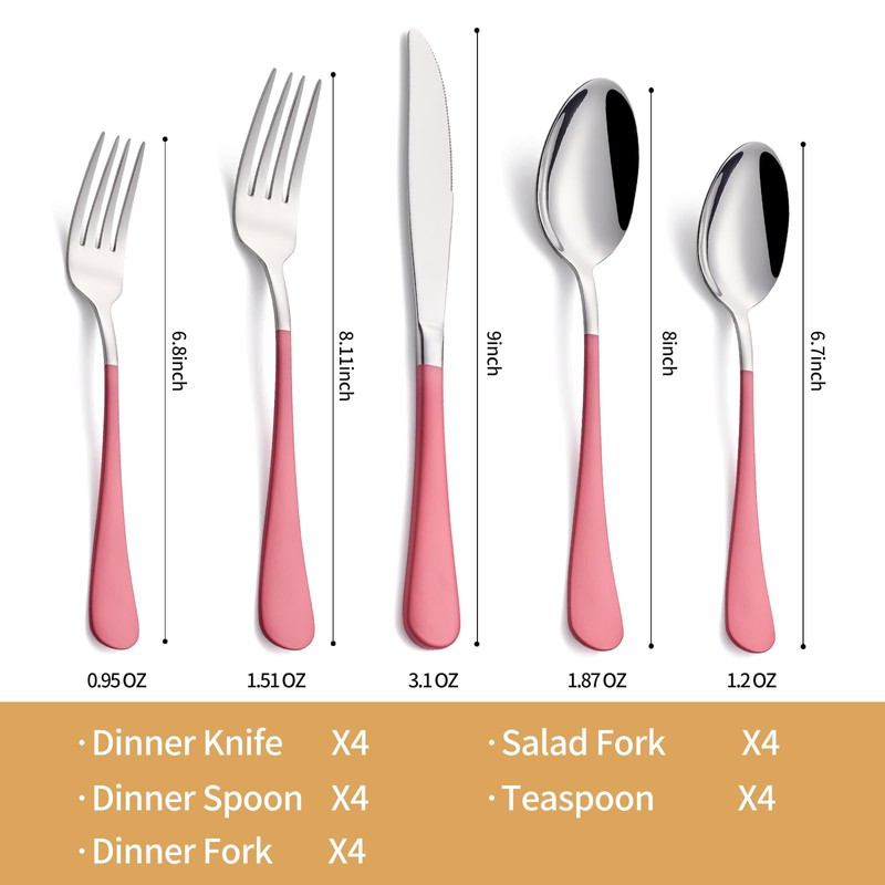 LKTDYMEG 20-Piece Pink Silverware Set 18/0 Stainless Steel Silverware Set