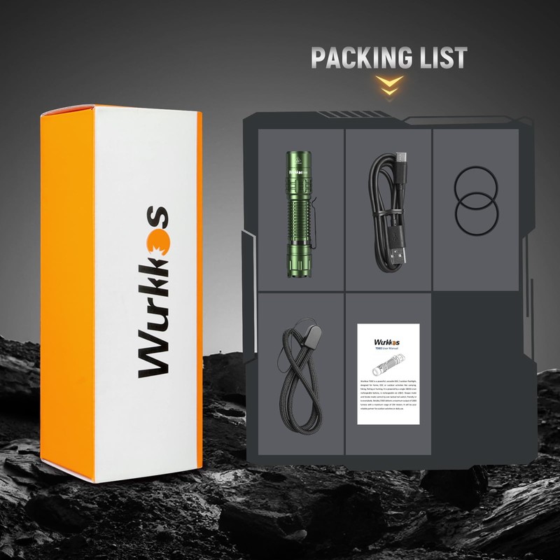 Wurkkos TD02 LED Flashlight, 2000 High Lumens Tactical Flashlight, Rechargeable