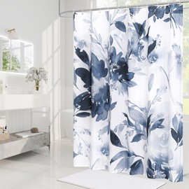 Litabel Navy Watercolor Floral Shower Curtain, Blue Plant Leaves with Flower Shower Curtains for Summer Bathroom Decor, Modern Fabric Botanical Waterproof Shower Curtain Set with Hooks 72x72 Inch