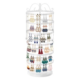 LASZOLA 6 Tier White Earring Holder Organizer Tree Women Display Storage for Stud and Hoop, Large Cool Rotating Clip Stand for Pierced and Dangle Earring, Vertical Metal Tower Carousel with 480 Holes