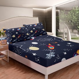Homemissing Space Rocket Print Fitted Sheet Double Size For Kids Boys Teens Solar System Bedding Set Outer Space Bed Sheet Set Universe Planets Room Decor Bed Sheet with 2 Pillowcase，No Flat Sheet