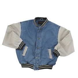 TRENDWAVE SPORTSWEAR Cotton-Washed Vintage Denim Varsity Jacket with Khaki Sleeves (Small)
