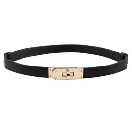 CHEERYMAGIC Skinny Leather Belt Women Solid Color Alloy Turn Lock Adjustable Waistband Thin Waist Belt with Metal Buckle for Pants Jeans Dresses Coat A2-NKXYD (Black)
