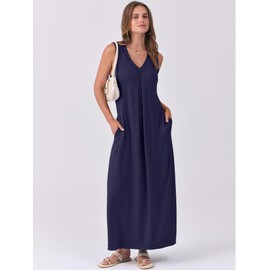 ANRABESS Women's Summer Casual Sleeveless V Neck Maxi Dress 2025 Spring Flowy A-Line Beach Vacation Sundress with Pockets Navy Blue X-Large