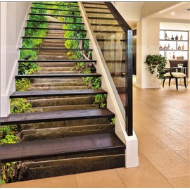 artfanke 13Pcs Stair Risers Stickers - 3D Green Forest Steps Peel and Stick Vinyl Staircase Sticker -Stair Decals Decor for Stair Steps Home Office Decor 39.37"x7.09"