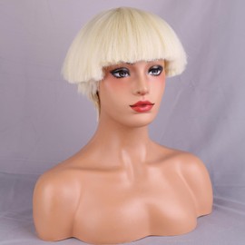 MAGQOO Blonde Mushroom Head Wig for Women Girls Short Yaki Straight Bob Wigs Bowl Haircut Wigs Synthetic