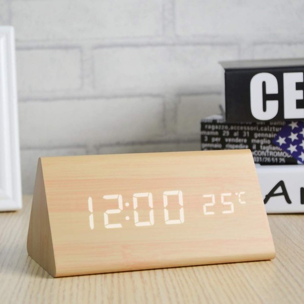 Digital Alarm Clock, Triangle Wooden Clock with LED Display, 3