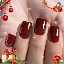 HOSAILY Dark Red Press on Nails Short Square, 32pcs 16 Sizes Soft Gel Red Brown Burgundy Wine Red Christmas Stick on Nail, Long Lasting Glossy Reusable Fit Perfectly Salon Quality Fake Nail for Women