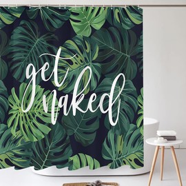 Tititex Tropical Palm Leaves Shower Curtain Sets, Cute Get Naked Quotes Green Black Plant Bathroom Decoration 71x71 Inch with Hooks