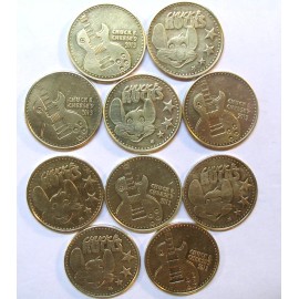 2013 CHUCK E CHEESE'S 1 BRASS COIN TOKEN "CHUCK E ROCKS " RARE COLLECTABLE
