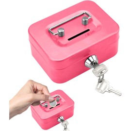Elegant Steel Cash Box, Small Cash Box, Small Safe, Lockable Cash Box with Key, Lockable Cash Box with Slot Slot, Tip Box (Pink)