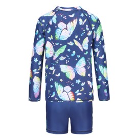 Aisyee Girls Two Piece Rash Guard Swimsuits Set with Swim Kids Long Sleeve Bathing Suit Swimwear Set Navy Blue Butterflies Size 6/6x