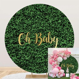 Laeacco 7.2x7.2ft Greenery Oh Baby Round Backdrop Cover for Baby Shower Decoration Green Leaves Circle Backdrops Green Wall Nature Arch Backdrop Newborn Gender Reveal Brithday Pregnancy Party Decor