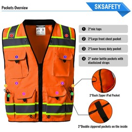 SKSAFETY 10 Pockets Professional Safety Vest, Class 2 High Visibility Vest with Zippe ＆ Reflective Strips, ANSI/ISEA Standard, Orange, XX-Large