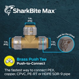 SharkBite Max 1 Inch Tee, Push to Connect Brass Plumbing Fitting, PEX Pipe, Copper, CPVC, PE-RT, HDPE, UR374A