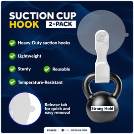 Five Oceans 2-Pack Suction Cup Hooks, Heavy Duty Vacuum Shower Hooks, Clear & White, Removable Reusable Bathroom Suction for Tile, Glass, Window, Door - FO4900