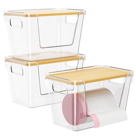 Delamu 3 Pack Trash Bag Dispenser with Bamboo Lid,Clear Plastic Garbage Bag Organizer for 4-33 Gal Bags, Space-Saving Under Sink Organizer for Kitchen, Laundry, Pantry