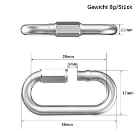 ORTAVA Pack of 4 M3.5 Screw Carabiners, Stainless Steel Carabiner Hook, 79 kg Bearing, Stainless Steel Carabiner for Outdoor, Swing, Camping and Hiking, Chain Link Made of Stainless Steel A2 V2
