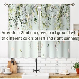 oolygoo Eucalyptus Botanical Leaves Floral Kitchen Window Curtains Butterfly Farmhouse Flower Leaf Small Window Treatment Sage Green Cafe Short Curtains for Bathroom Treatment Tier Drapes 27.9x39 inch
