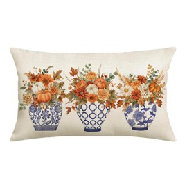 Fall Throw Pillow Covers 12x20 Inch Pumpkins Floral Ginger Jars Thankful Blessed Orange Autumn Seasonal Chinoiserie Decorative Farmhouse Decoration for Home