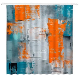 ZNLSU Turquoise Gray Orange Shower Curtain Burnt Blue Teal Orange and Gray Abstract Brushstrokes Painting Modern Art Fabric Bathroom Curtain Sets with Hooks