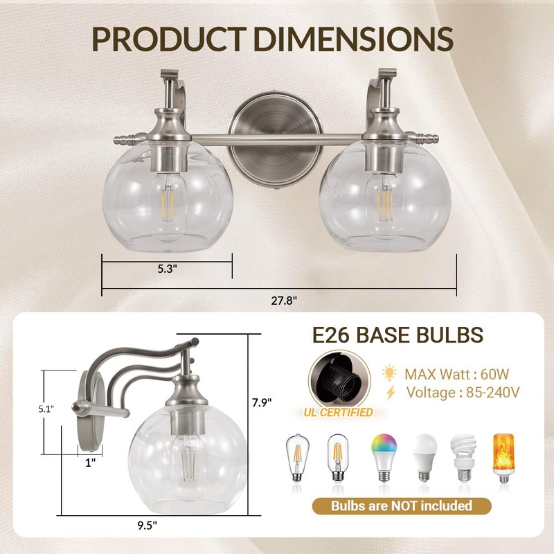 ANDY STAR Brushed Nickel Bathroom Light Fixture, 2 Light Bathroom