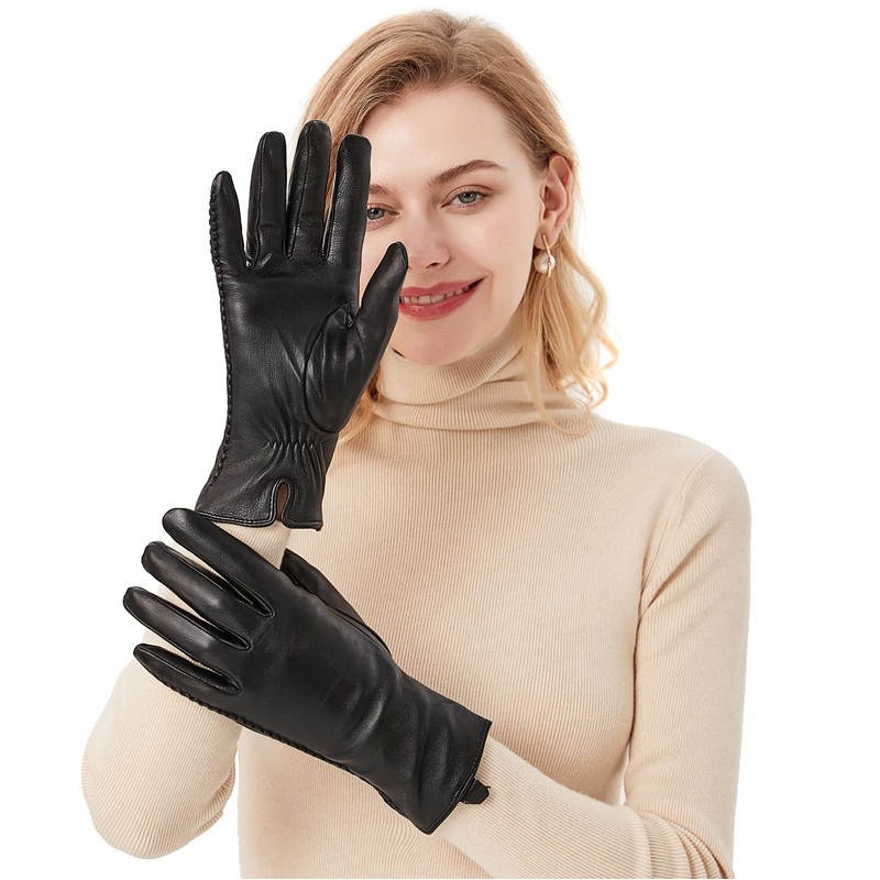 Genuine Sheepskin Leather Gloves for Women, Winter Warm Touchscreen Texting