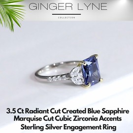 Created Blue Sapphire Rings for Women Sterling Silver 14k Gold Accents 3.5 Ct Blue Gemstone Engagement or Bridal for Women | September Birthstone Ring by Ginger Lyne | Faux Simulated Diamond