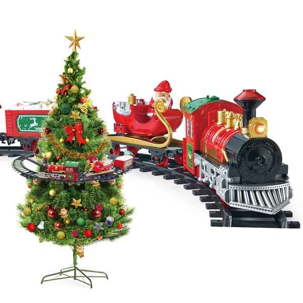 Christmas Kids Train Set, Train Toy Set Track Suspend Around Xmas Tree with Electric Engine Lights Sound, Electric Train Set for Kids Easy Assemble Locomotive Railway Car Playsets Gift for Boys Girls