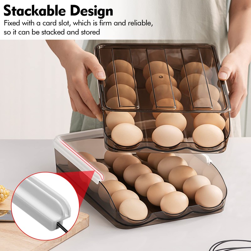 Lunmore Large Capacity Egg Holder for Refrigerator, Auto Rolling Egg