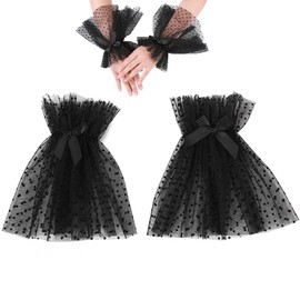 FJYXCHENXM 1 Pair Black Mesh Nail Art Lace Fake Pleated Cuff Lace Wrist Sleeves Lace Gloves for Women, Elastic Wrist Cuffs for Sleeves Lace Cuff Shooting Background Props