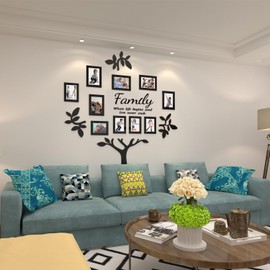 bllokna Family Tree collage picture frames for wall-Multi acrylic 3D DIY Stickers pictures frame wall decor for living room Home decorations Black Lagre 47 * 47 inchs