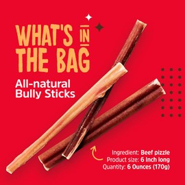 Dogfy Pet Odor-Free Bully Sticks for Dogs (6-Inch, 6 Oz), 100% Natural Beef Pizzle Long-Lasting Chews, Grass-Fed, Fully Digestible Long Lasting Best Dental Treats for Small & Medium Dogs