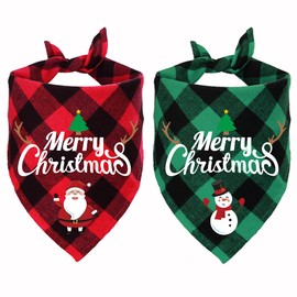 STMK 2 Pack Christmas Plaid Dog Bandanas, Merry Christmas Holiday Plaid Dog Bandanas for Large Medium Dog Christmas Costume Decorations (Red & Green, Santa & Snowman)