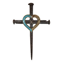 Ebros Crucifix Driven Nails with Heart Center Wall Cross Decor Plaque 16.5"H