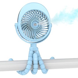 Misting Stroller Fan, 2500mAh Battery Powered Personal Desk Air Circulator Fan with Flexible Tripod, Ultra Quiet 3 Speed 270° & 360° Rotatable USB Fan for Stroller Office Camping Hurricane Outage,Blue